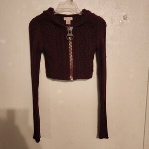 Vtg Arizona Jumbo Zipper Crop Cable Knit Hooded Sweater Size XS